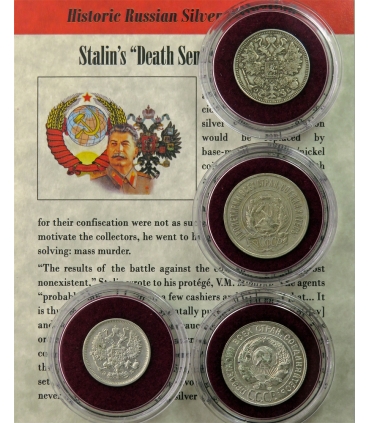 Zestaw - 4 x oryginalne srebro Rosja/ZSRR 1906–1929, etui, certyfikat