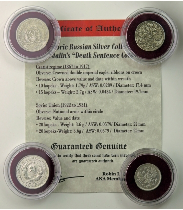 Zestaw - 4 x oryginalne srebro Rosja/ZSRR 1906–1929, etui, certyfikat