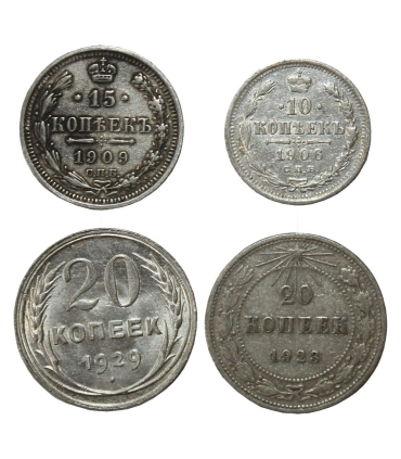 Zestaw - 4 x oryginalne srebro Rosja/ZSRR 1906–1929, etui, certyfikat