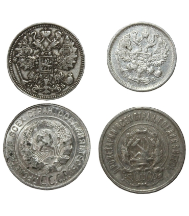 Zestaw - 4 x oryginalne srebro Rosja/ZSRR 1906–1929, etui, certyfikat