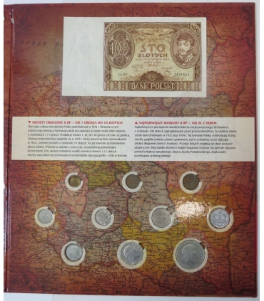 Monety II Rzeczypospolitej – zestaw kolekcjonerski 7 monet + z banknot 100 zł 1934,  certyfikat, etui