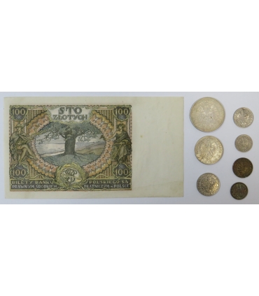 Monety II Rzeczypospolitej – zestaw kolekcjonerski 7 monet + z banknot 100 zł 1934,  certyfikat, etui