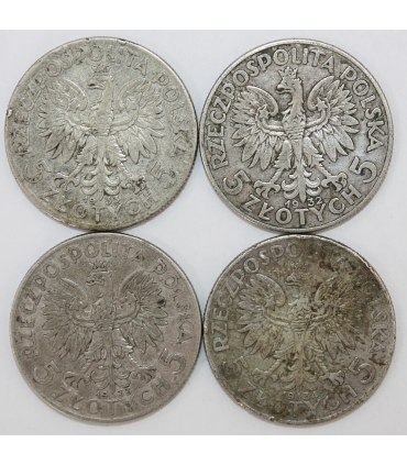 Lot: 4 x 5 złotych głowa kobiety 1932, 1933, stan 3