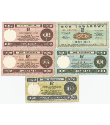 Lot: Zestaw 5 bonów towarowych, 1969/1979 stan 3-