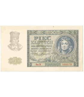 Banknot 5 złotych 1940 stan 2/2+ Ser. B