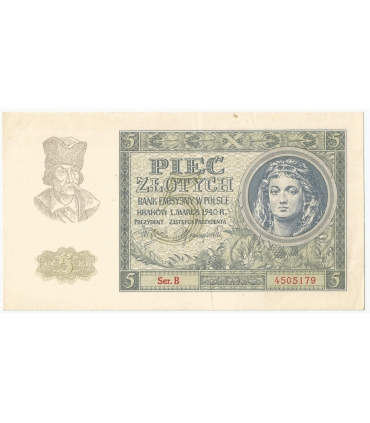 Banknot 5 złotych 1940 stan 2/2+ Ser. B