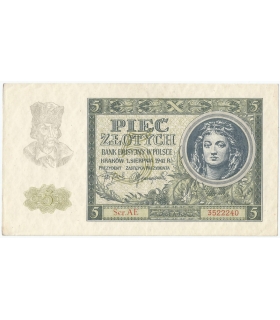 Banknot 5 złotych 1941 stan 2, Ser. AE