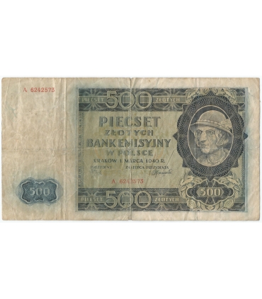 Banknot 500 złotych 1940 stan 3-/4+, Ser. A, Góral