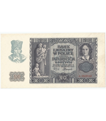 Banknot 20 złotych, 1940, seria A, stan 1-