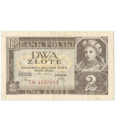Banknot 2 zł, 1936r, Seria CM, stan 2-/3+