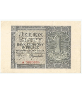 Banknot 1 złoty, 1940, seria A, stan 1-/2+