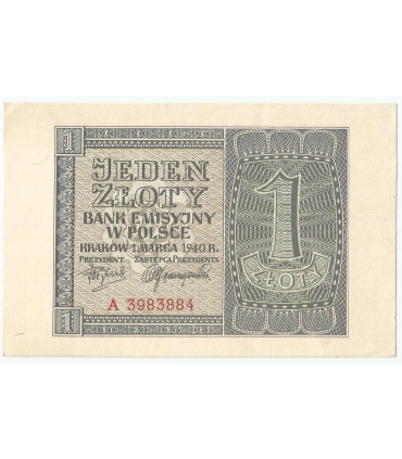 Banknot 1 złoty, 1940, seria A, stan 1-/2+