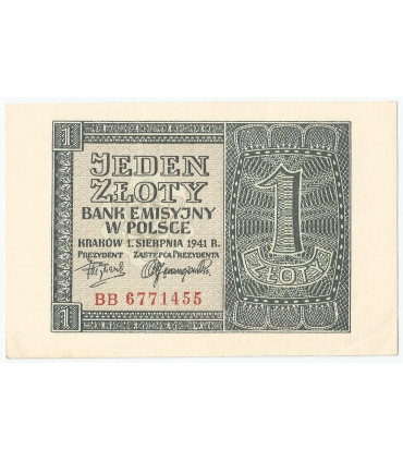 Banknot 1 złoty 1941, stan 1-, Seria BB