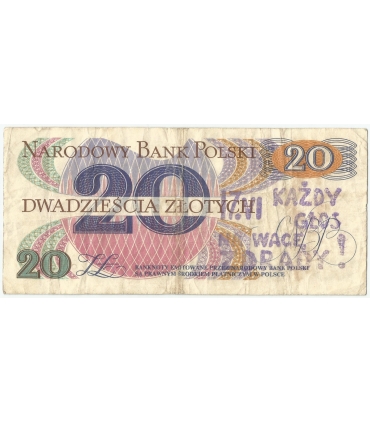 Banknot PRL 20 złotych 1982 – nadruk opozycyjny „17.VI Każdy głos na wagę zdrady!”