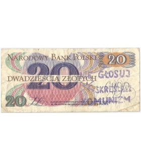 Banknot PRL 20 złotych 1982 – nadruk opozycyjny „Nie głosuj – skreślasz komunizm”