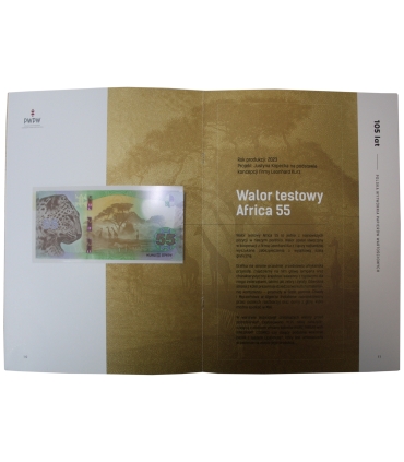 105 lat PWPW, banknoty testowe  Chaplin, Afryka 55, Sowa, znaki wodne, ryt, karta NFT