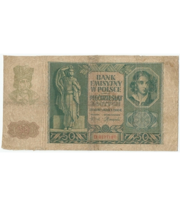 Banknot 50 złotych, 1940, seria D 0177187, stan 4