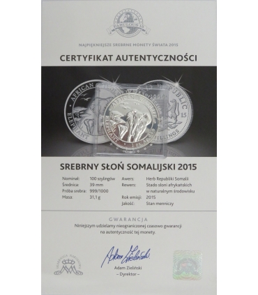 Somalia 100 szylingów, 2015 Fauna Afryki - słoń, Ag999, certyfikat