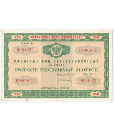 PKO Premiowy Bon Oszczędnościowy 250 zł 1971 rok