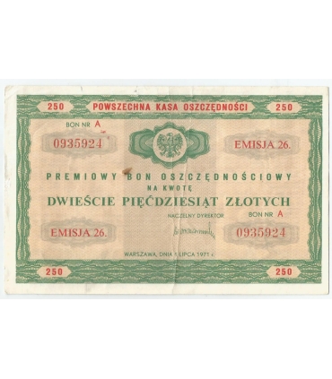 PKO Premiowy Bon Oszczędnościowy 250 zł 1971 rok