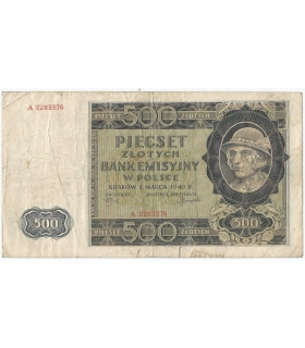 Banknot 500 złotych 1940 stan 3-, Ser. A, Góral