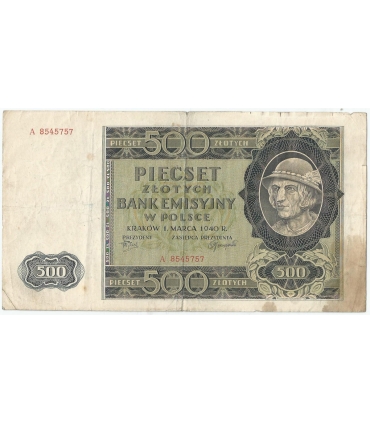 Banknot 500 złotych 1940 stan 3-, Ser. A, Góral
