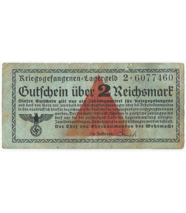 2 marki, bon obozowy dla jeńców wojennych Kriegsgefangen Lagergeld 1939-1945