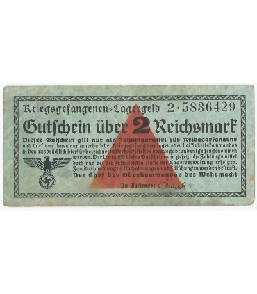 2 marki, bon obozowy dla jeńców wojennych Kriegsgefangen Lagergeld 1939-1945