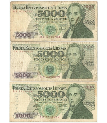 Lot: 3x 5000 zł Fryderyk Chopin, różne serie, 3-/4+