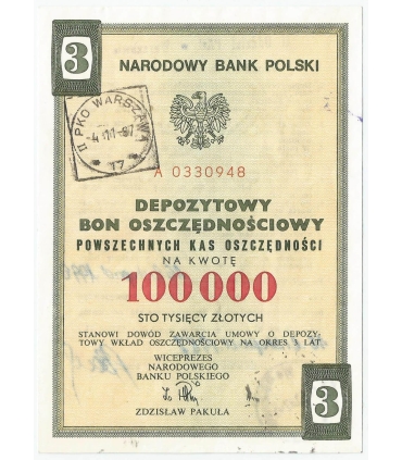 NBP, Depozytowy bon oszczędnościowy trzyletni na 100.000 złotych