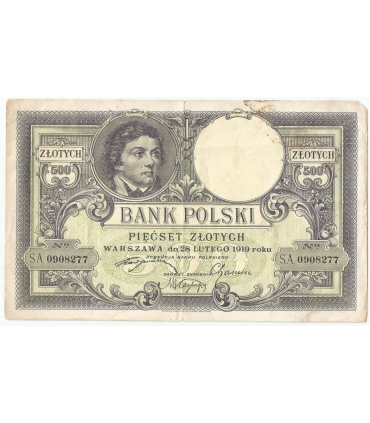 500 zł Kościuszko 28 lutego 1919, seria. SA., stan 3-