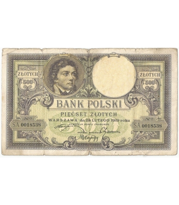 500 zł Kościuszko 28 lutego 1919, seria. SA., stan 4+