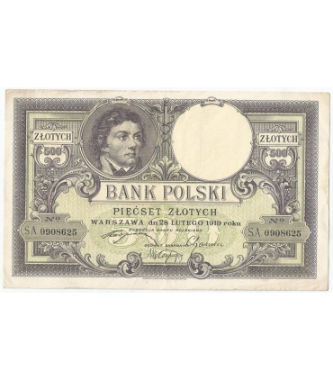 500 zł Kościuszko 28 lutego 1919, seria. SA., stan 3/3-