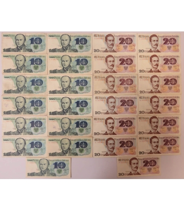 Zestaw 26 banknotów PRL, 13x 10 zł Bem + 13x 20 zł Traugutt, ładne