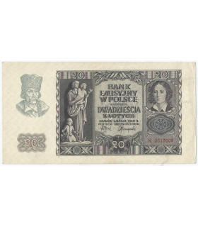 Banknot 20 złotych, 1940, seria K 0013908, NISKI NUMER, stan 2