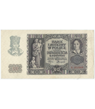 Banknot 20 złotych, 1940, seria K 0013908, NISKI NUMER, stan 2
