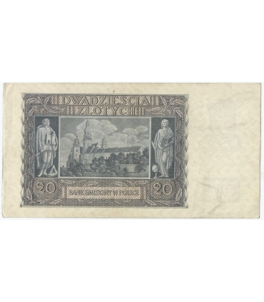 Banknot 20 złotych, 1940, seria K 0013908, NISKI NUMER, stan 2