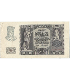Banknot 20 złotych, 1940, seria K 0013909, NISKI NUMER, stan 3