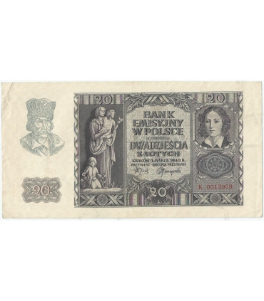 Banknot 20 złotych, 1940, seria K 0013909, NISKI NUMER, stan 3
