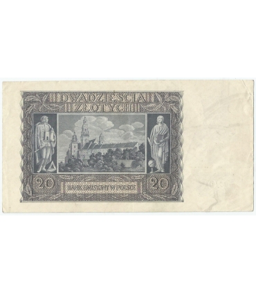 Banknot 20 złotych, 1940, seria K 0013909, NISKI NUMER, stan 3