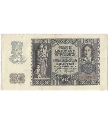 Banknot 20 złotych, 1940, seria K 0013910, NISKI NUMER, stan 2