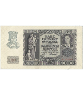 Banknot 20 złotych, 1940, seria K 0013911, NISKI NUMER, stan 2
