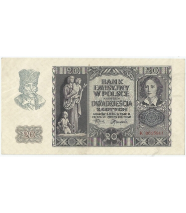 Banknot 20 złotych, 1940, seria K 0013911, NISKI NUMER, stan 2