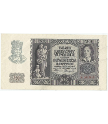 Banknot 20 złotych, 1940, seria K 0013912, NISKI NUMER, stan 2
