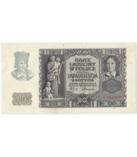 Banknot 20 złotych, 1940, seria K 0013913, NISKI NUMER, stan 2