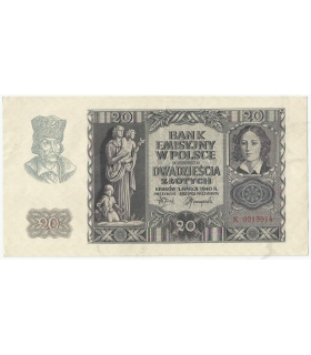 Banknot 20 złotych, 1940, seria K 0013914, NISKI NUMER, stan 2