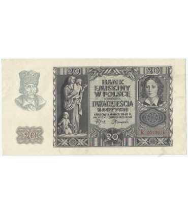 Banknot 20 złotych, 1940, seria K 0013914, NISKI NUMER, stan 2