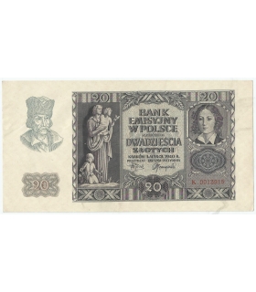 Banknot 20 złotych, 1940, seria K 0013915, NISKI NUMER, stan 2
