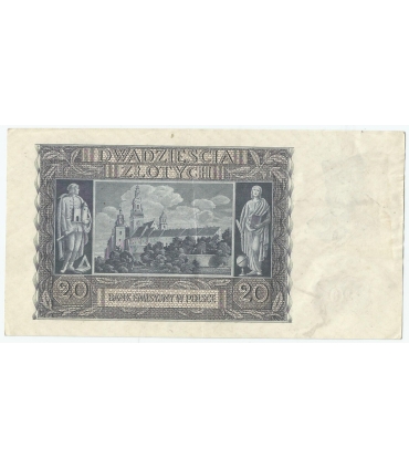Banknot 20 złotych, 1940, seria K 0013919, NISKI NUMER, stan 3+