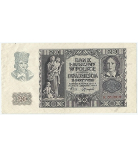 Banknot 20 złotych, 1940, seria K 0013919, NISKI NUMER, stan 3+